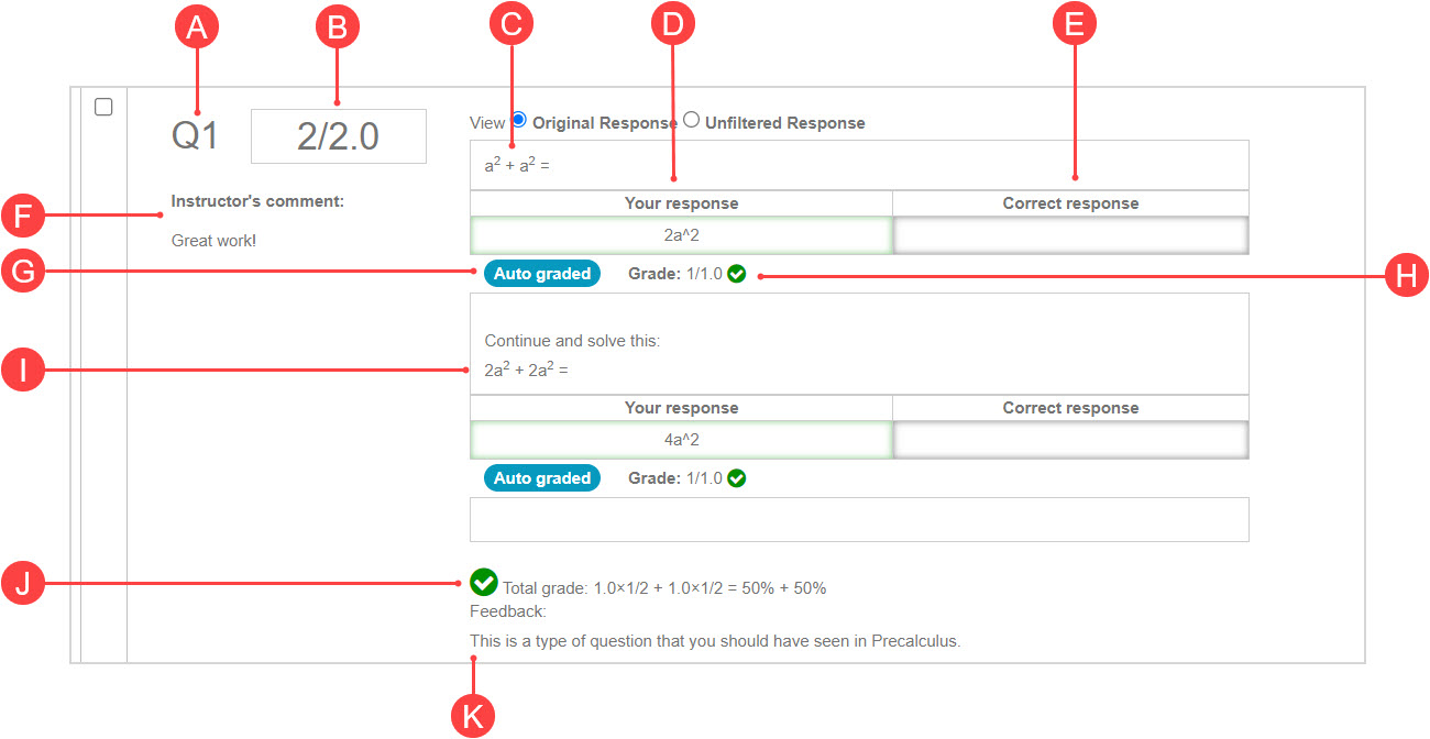 A "Question" pane displays all relevant grading data for each question: question number, score, original question, your response, correct response, grade, grading type, other response areas, total grade, and feedback.