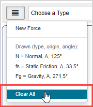 The "Clear All" menu option is the last option of the free body diagram menu.
