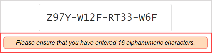 An error message is shown stating that the redemption code must be 16 characters.
