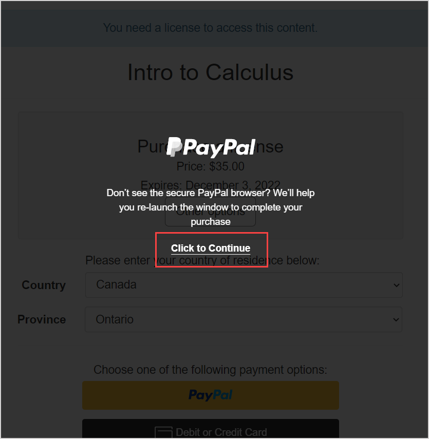 An overlay message from PayPal is shown with the Click to Continue button highlighted.