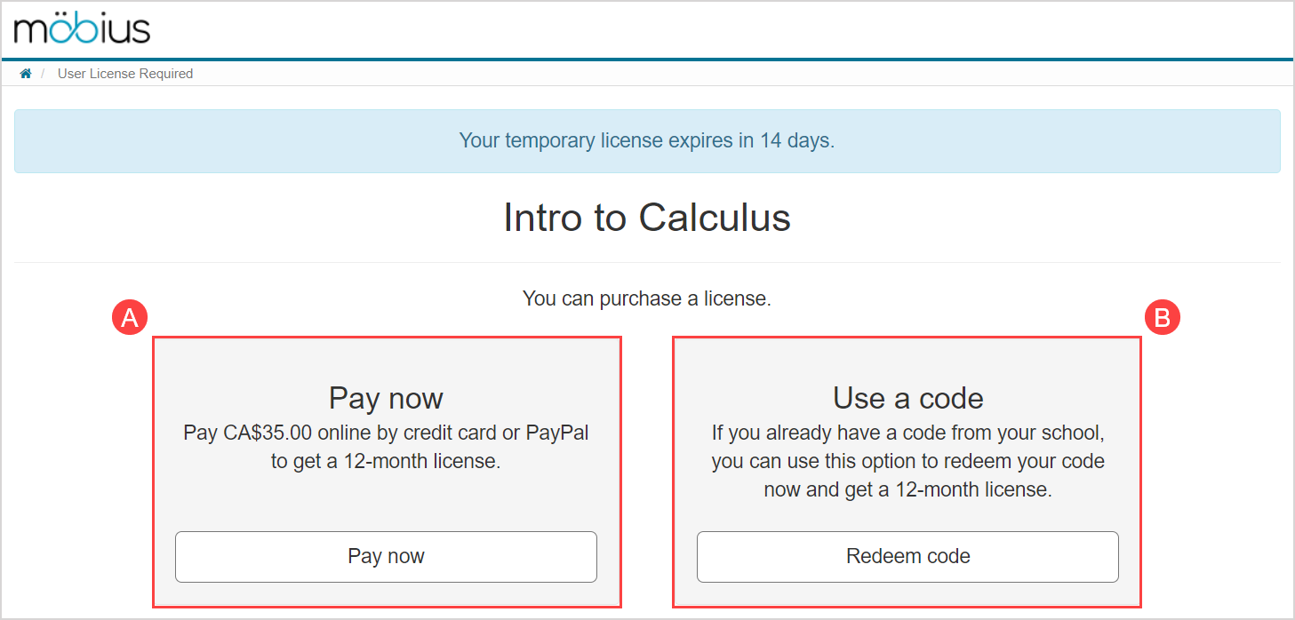 The pay now and redeem code buttons are highlighted on the user license required page.