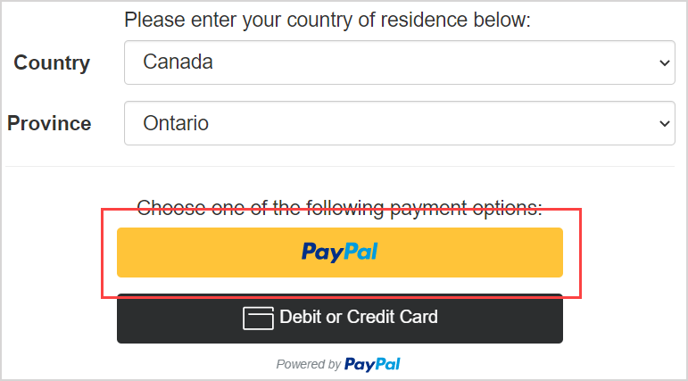 The yellow PayPal button is highlighted after the country and email fields.